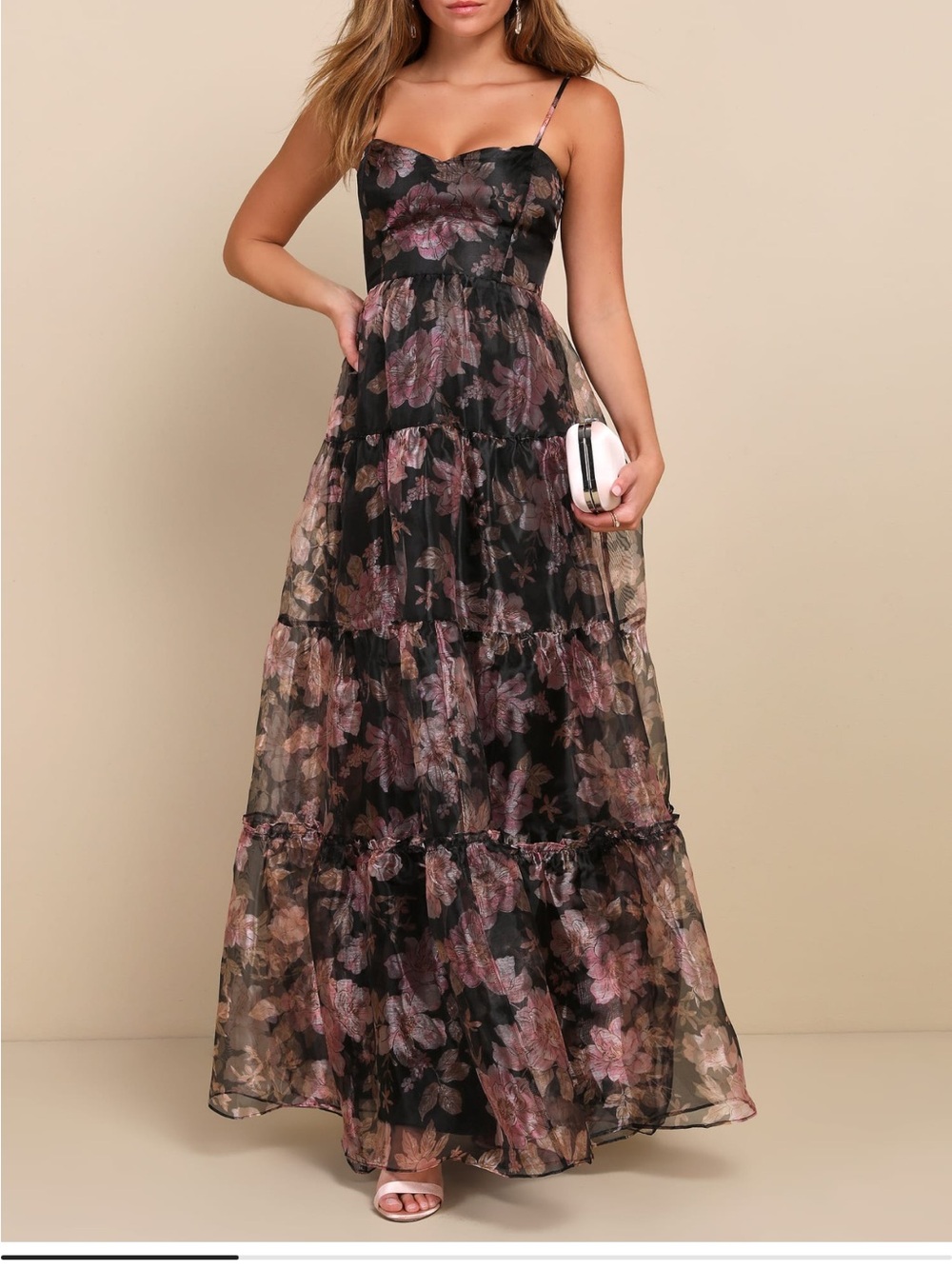 Lulu's Black Maxi Dress with Mauve Floral Print and Spaghetti Straps
